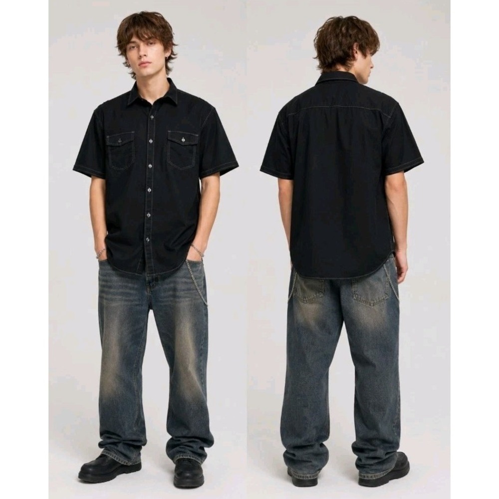 Michael Brandon Mens Size L Black Short Sleeve Button Up Collared Shirt Y2K